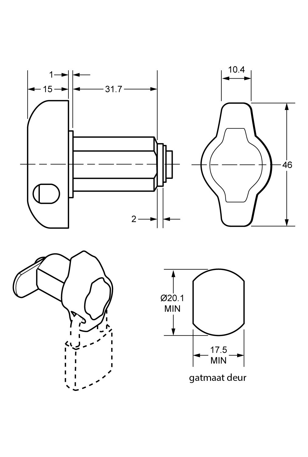 Klinksluiting 4452 t.b.v. deuren met grotere materiaaldikte